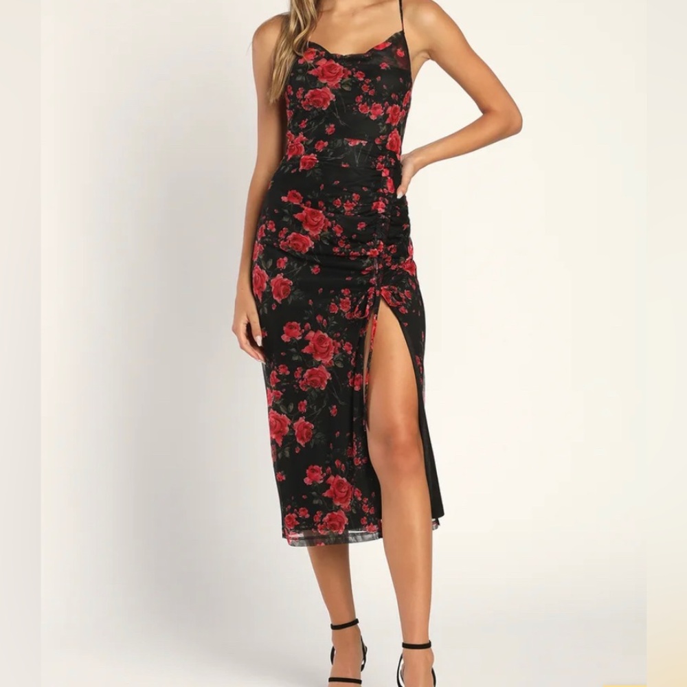 Lulus black and red floral midi dress